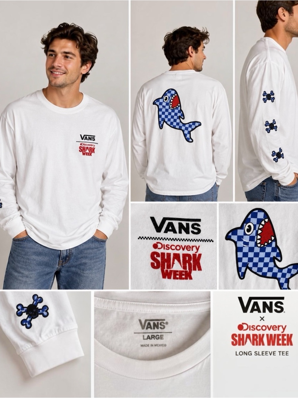 Long Sleeve Tee L White Vans Discovery Shark Week